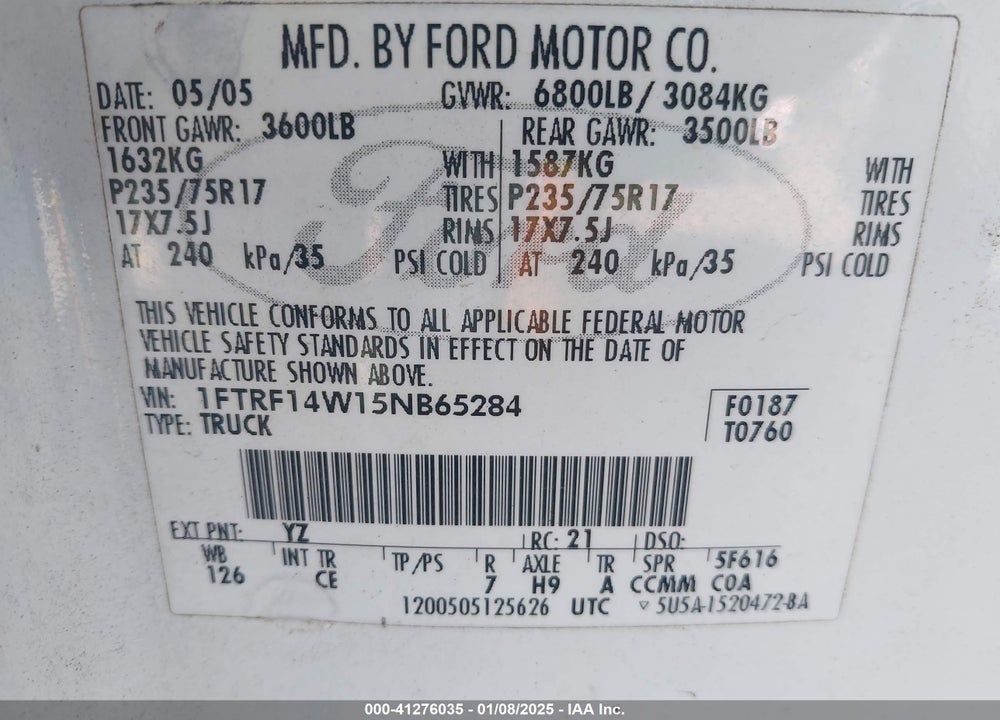 2005 FORD F-150 STX/XL/XLT VIN: 1FTRF14W15NB65284