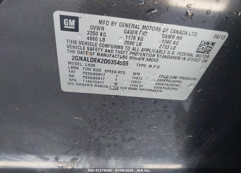 2013 CHEVROLET EQUINOX 1LT VIN: 2GNALDEK2D6354555