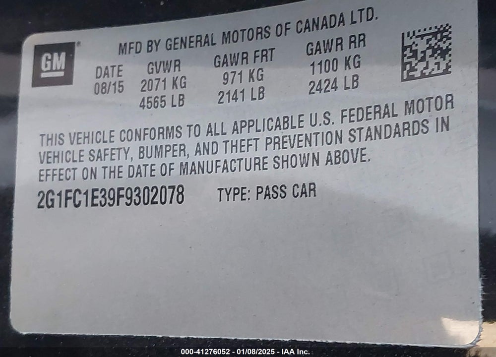 2015 CHEVROLET CAMARO VIN: 2G1FC1E39F9302078