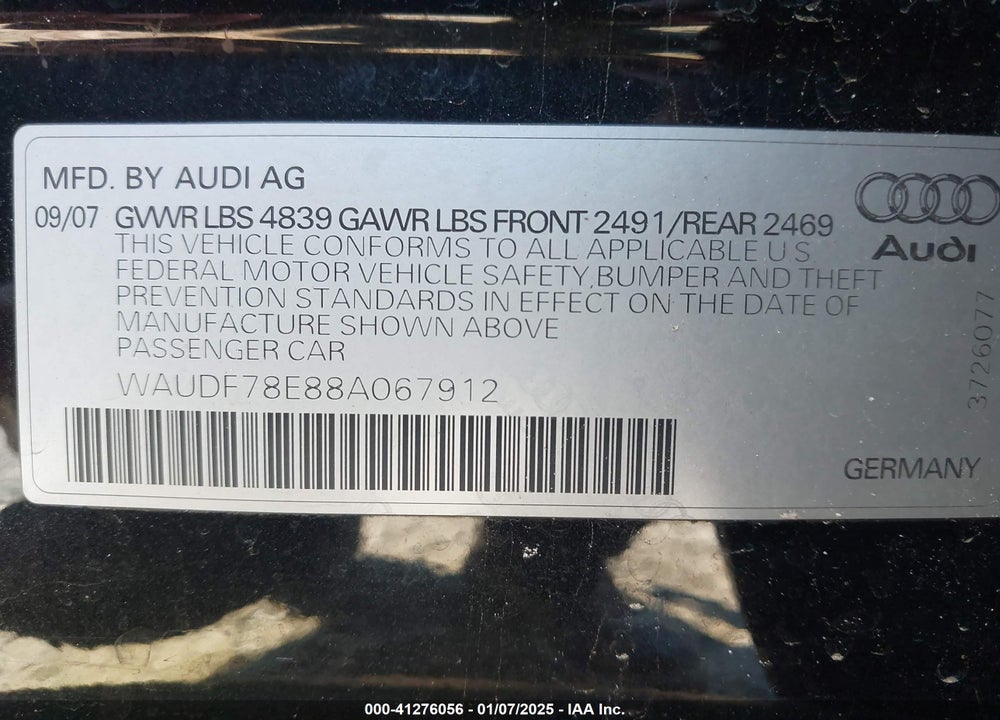 2008 AUDI A4 2.0T VIN: WAUDF78E88A067912