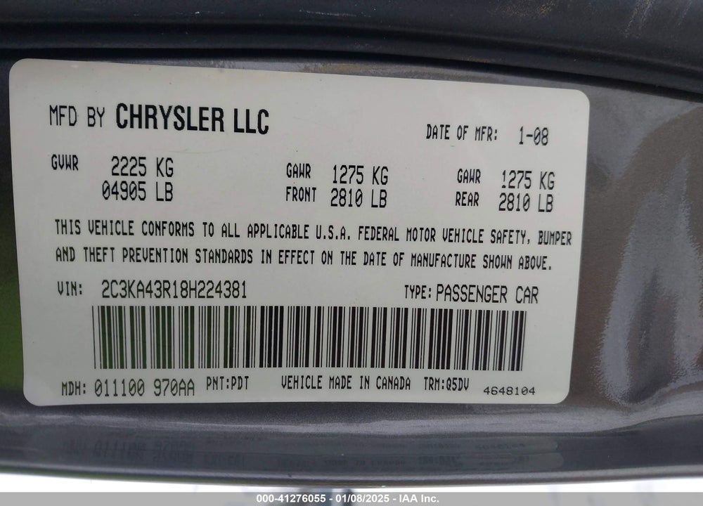 2008 CHRYSLER 300 VIN: 2C3KA43R18H224381