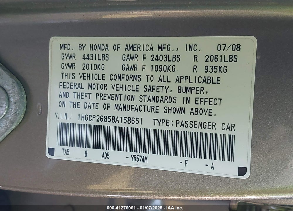 2008 HONDA ACCORD 2.4 EX-L VIN: 1HGCP26858A158651