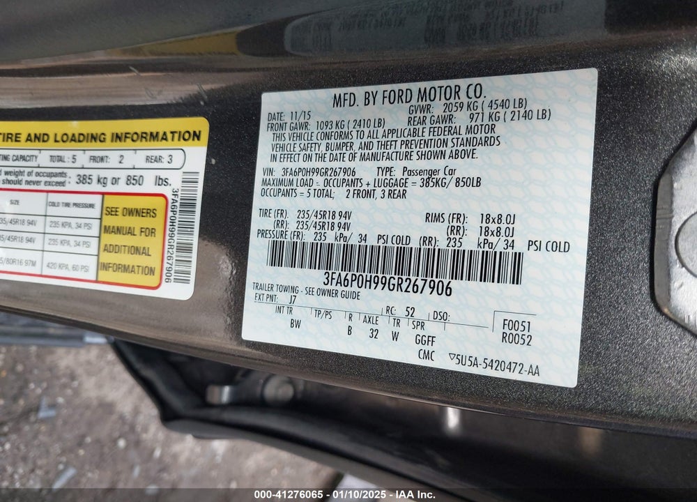 2016 FORD FUSION VIN: 3FA6P0H99GR267906