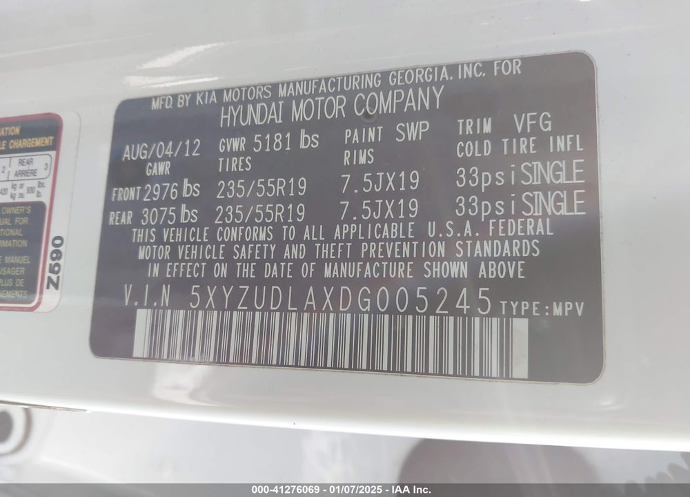 2013 HYUNDAI SANTA FE SPORT 2.0T VIN: 5XYZUDLAXDG005245