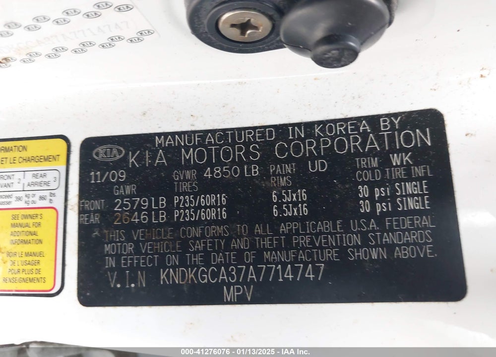 2010 KIA SPORTAGE LX V6 VIN: KNDKGCA37A7714747