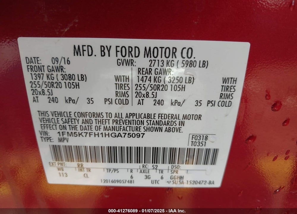 2017 FORD EXPLORER LIMITED VIN: 1FM5K7FH1HGA75097