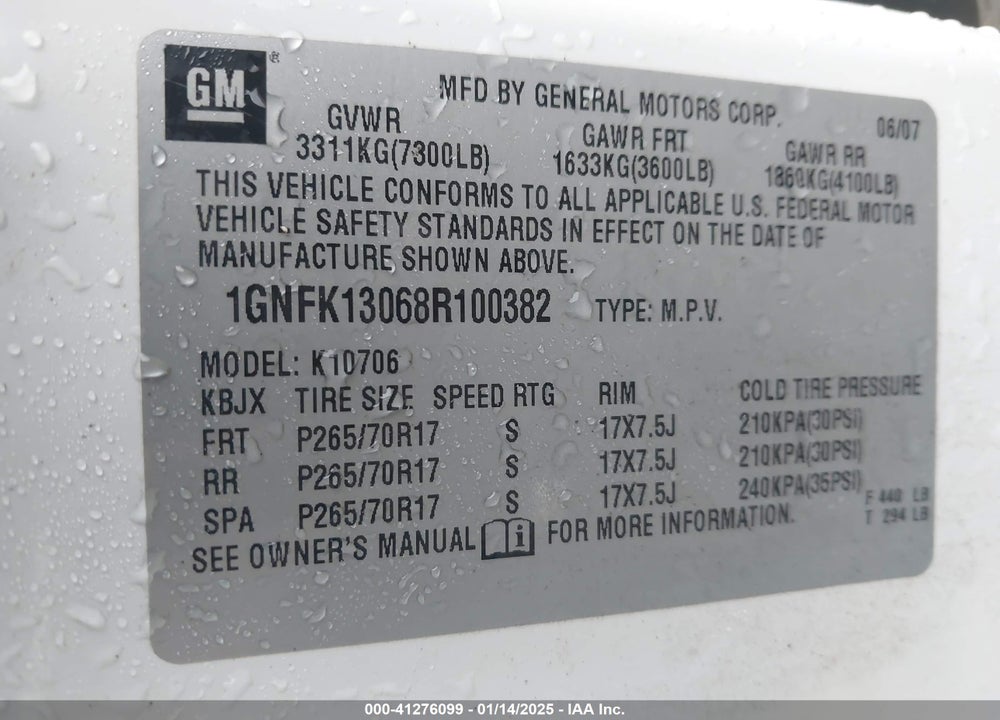 2008 CHEVROLET TAHOE LT VIN: 1GNFK13068R100382