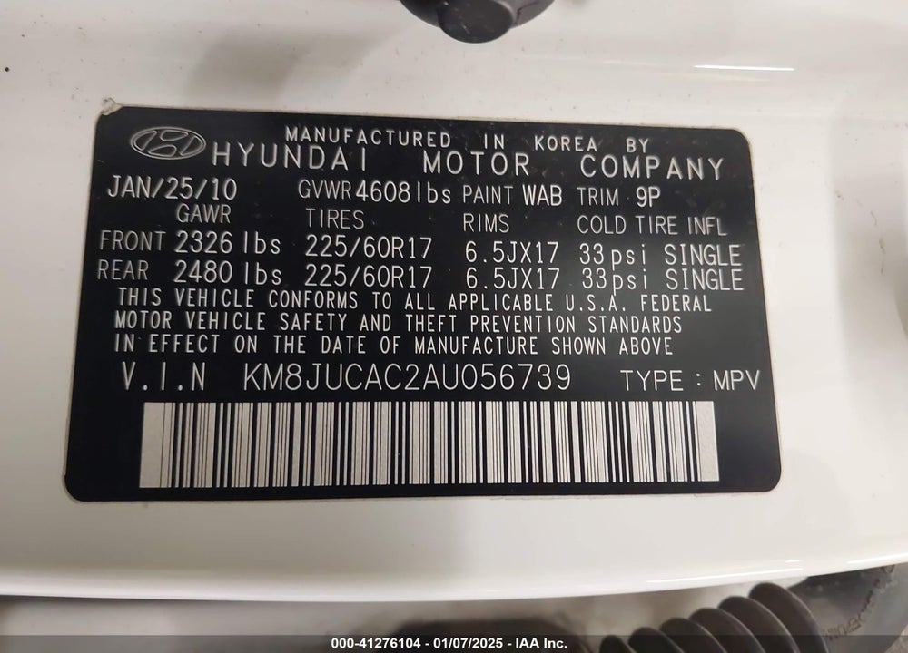 2010 HYUNDAI TUCSON GLS VIN: KM8JUCAC2AU056739