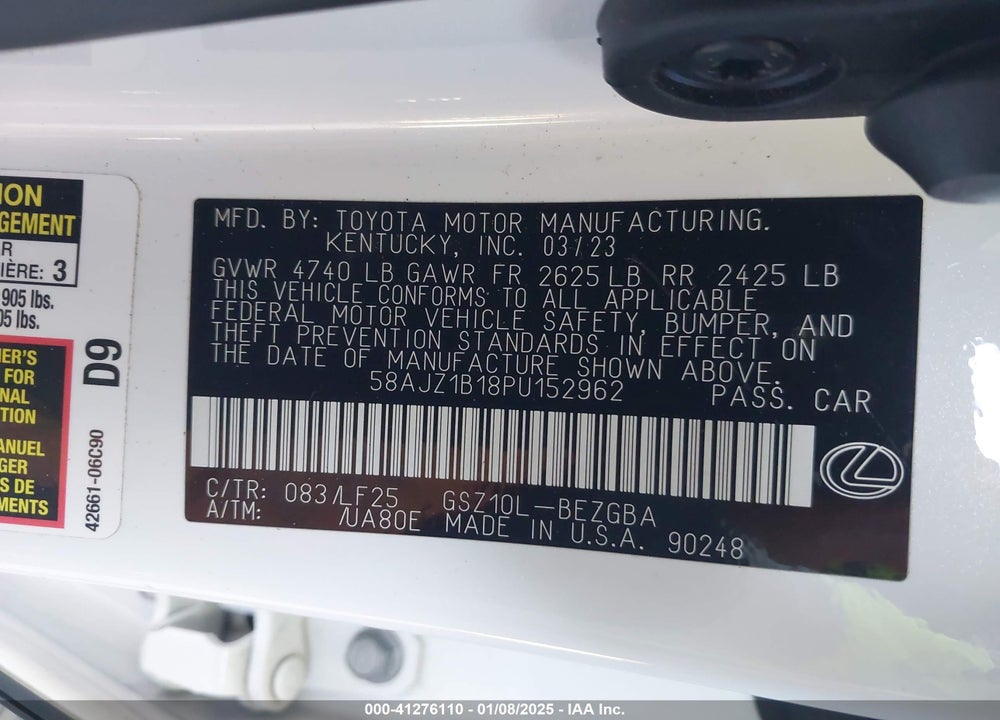 2023 LEXUS ES 350 VIN: 58AJZ1B18PU152962