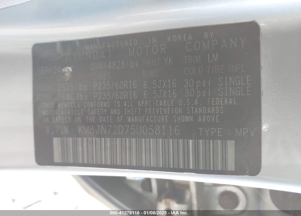 2005 HYUNDAI TUCSON GLS/LX VIN: KM8JN72D75U058116