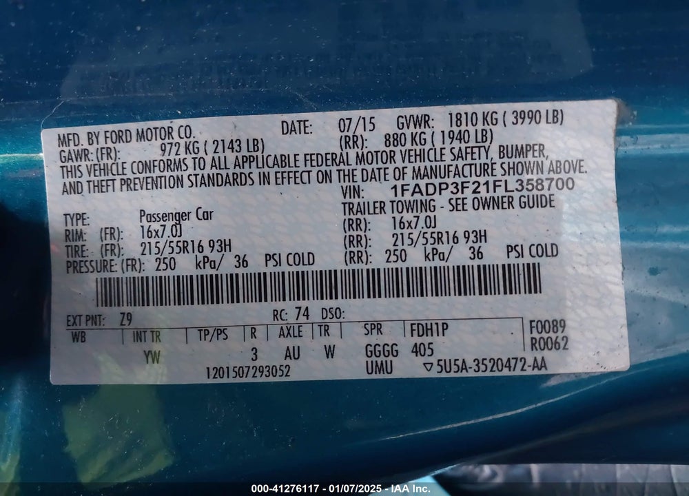 2015 FORD FOCUS SE VIN: 1FADP3F21FL358700