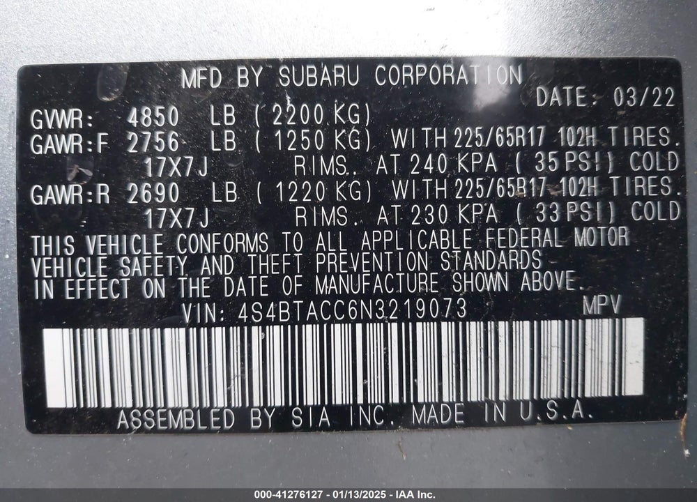 2022 SUBARU OUTBACK PREMIUM VIN: 4S4BTACC6N3219073
