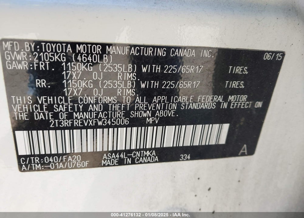 2015 TOYOTA RAV4 XLE VIN: 2T3RFREVXFW345006