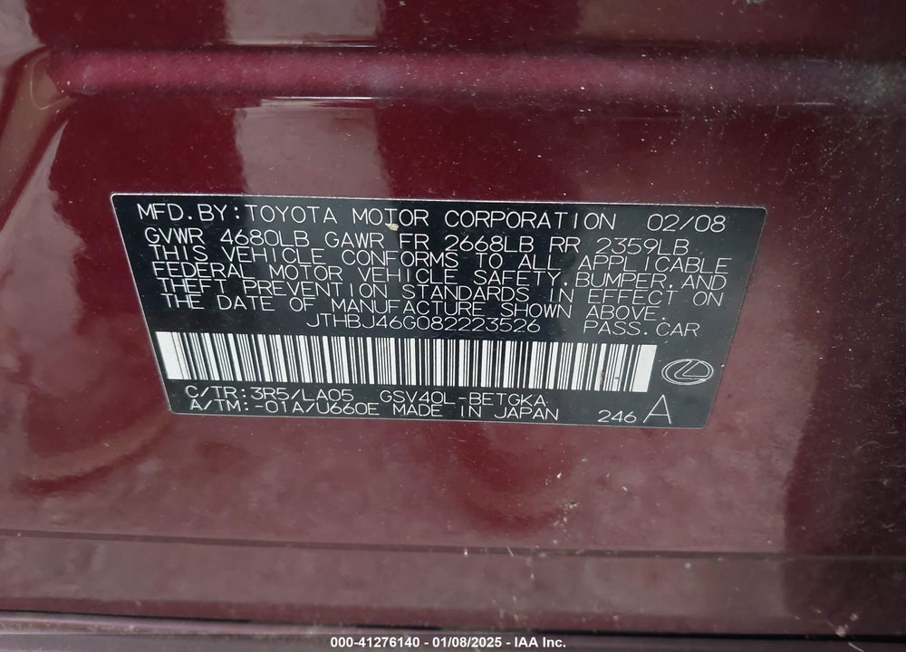 2008 LEXUS ES 350 VIN: JTHBJ46G082223526