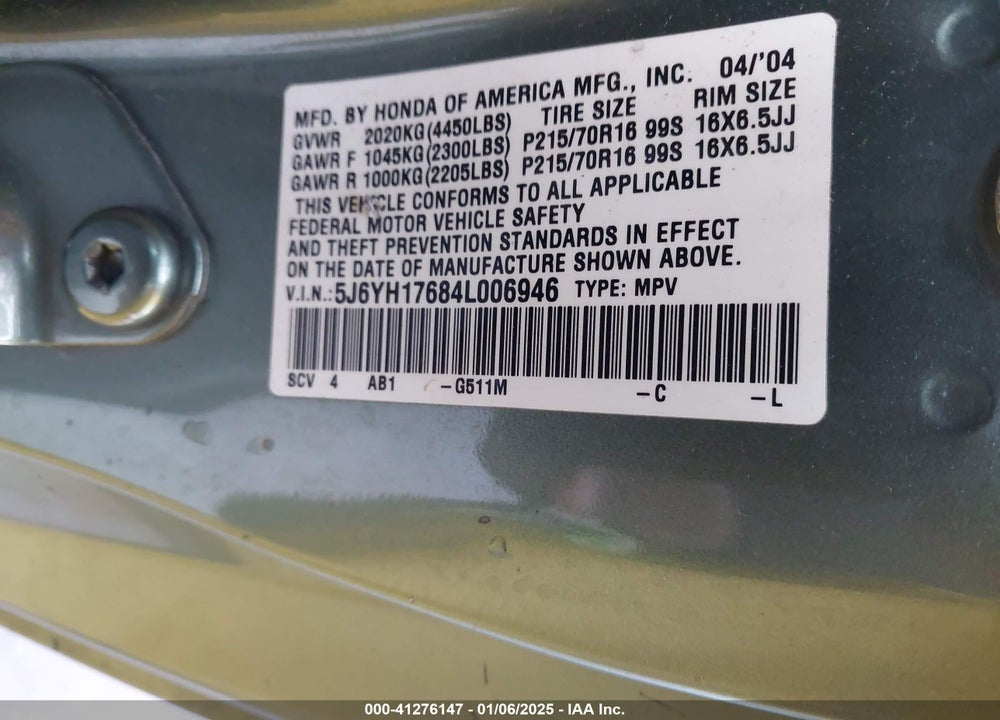 2004 HONDA ELEMENT EX VIN: 5J6YH17684L006946