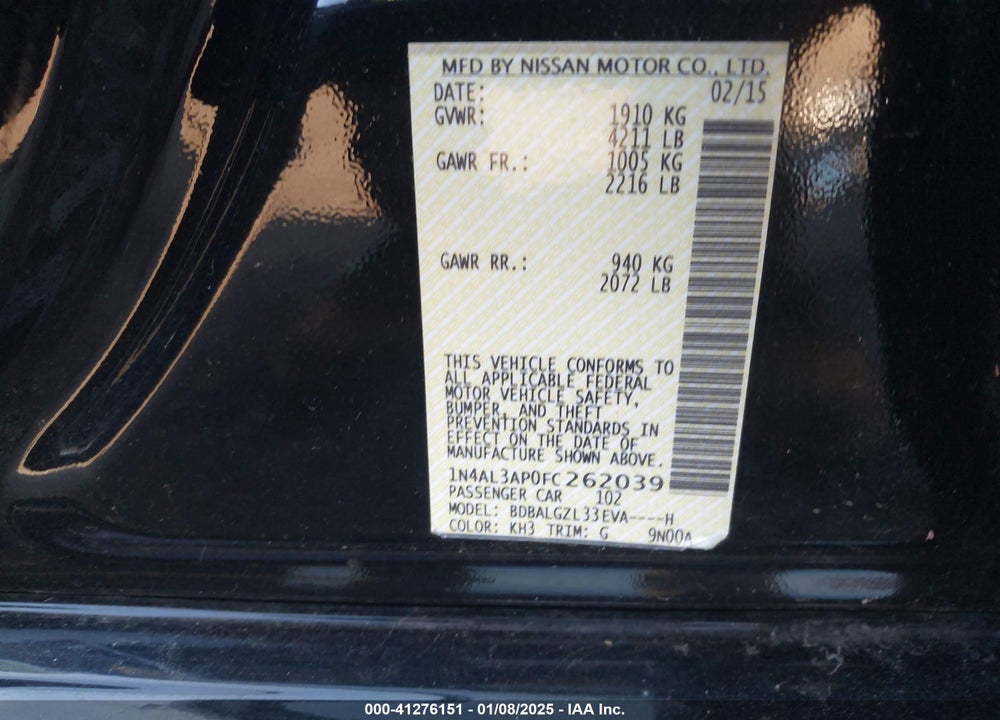 2015 NISSAN ALTIMA 2.5 S VIN: 1N4AL3AP0FC262039