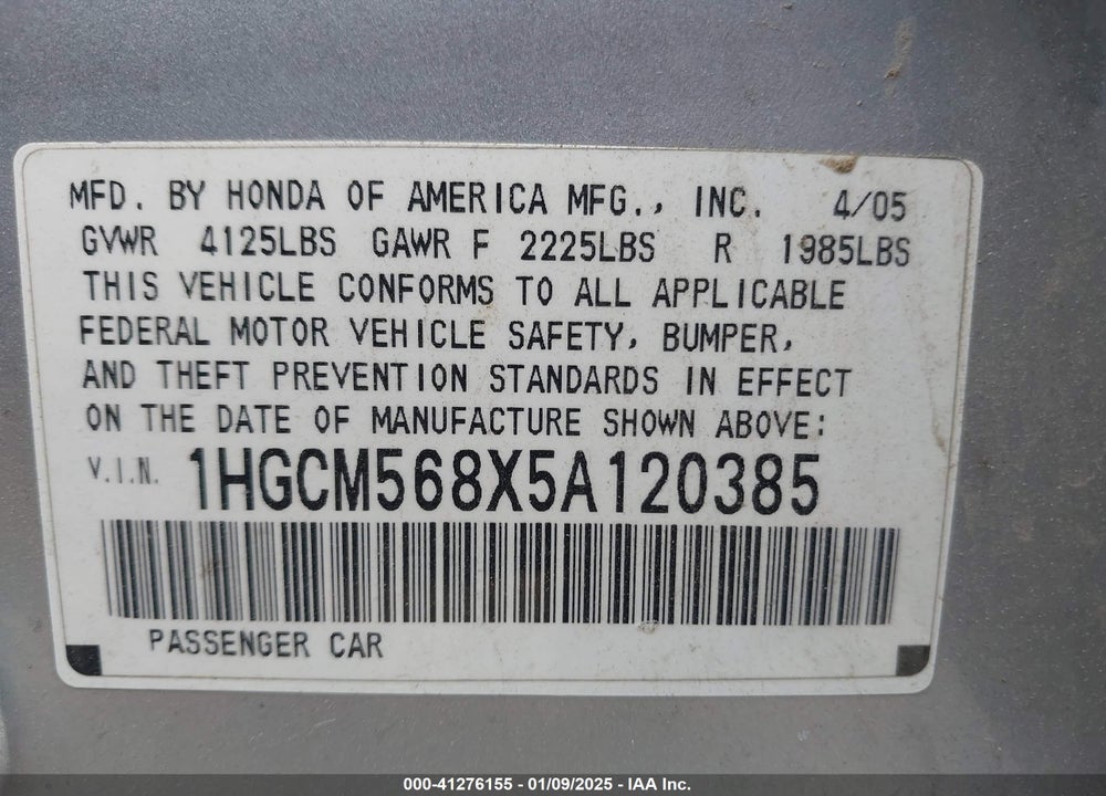 2005 HONDA ACCORD 2.4 EX VIN: 1HGCM568X5A120385