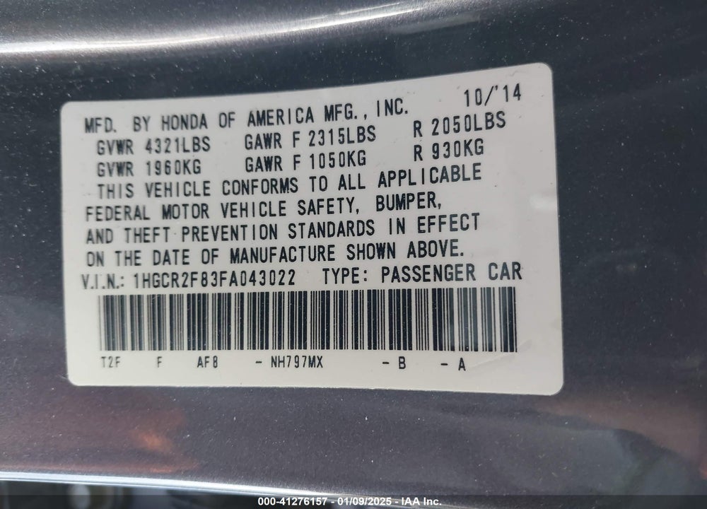 2015 HONDA ACCORD VIN: 1HGCR2F83FA043022