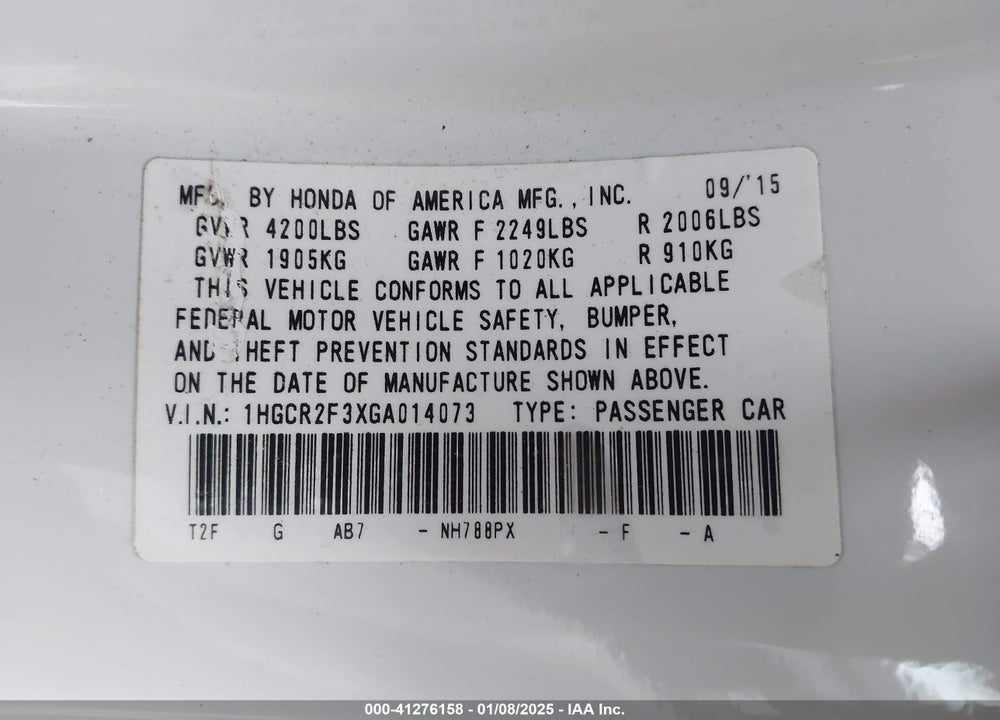 2016 HONDA ACCORD VIN: 1HGCR2F3XGA014073