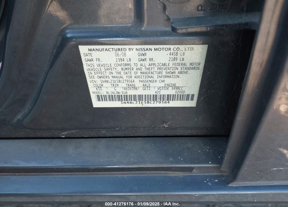 2008 NISSAN ALTIMA VIN: 1N4BL21E58C279564