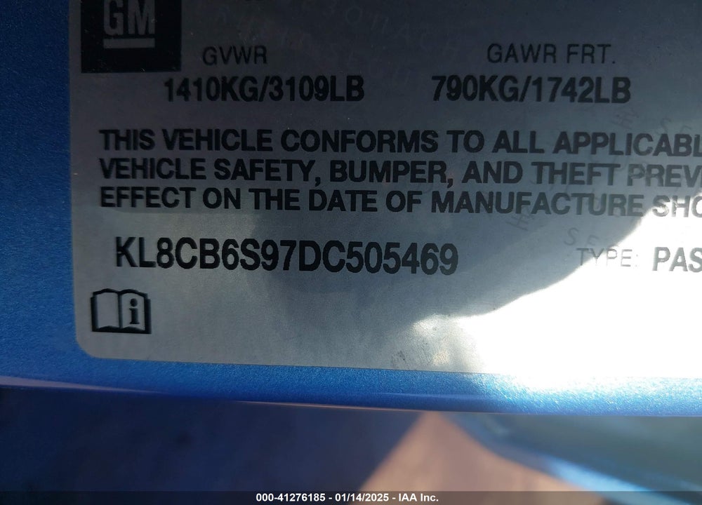 2013 CHEVROLET SPARK VIN: KL8CB6S97DC505469
