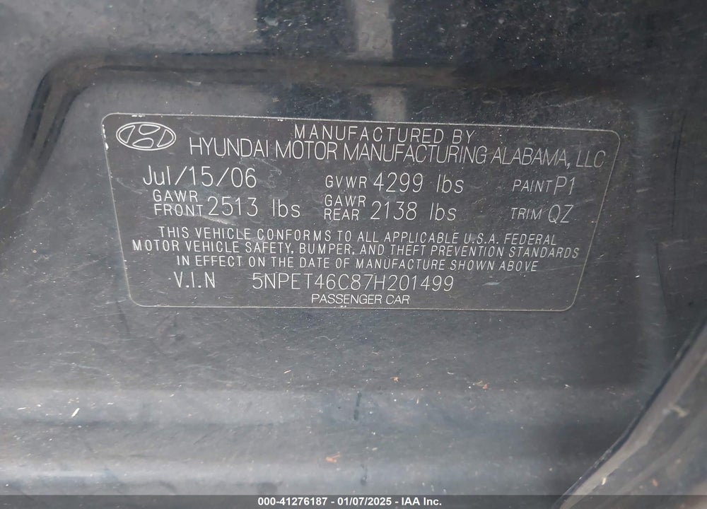 2007 HYUNDAI SONATA VIN: 5NPET46C87H201499
