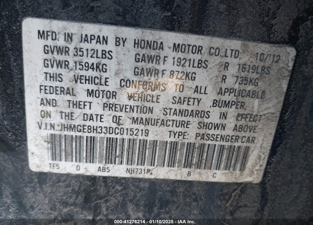 2013 HONDA FIT VIN: JHMGE8H33DC015219