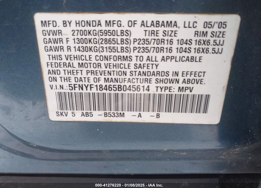 2005 HONDA PILOT EX VIN: 5FNYF18465B045614