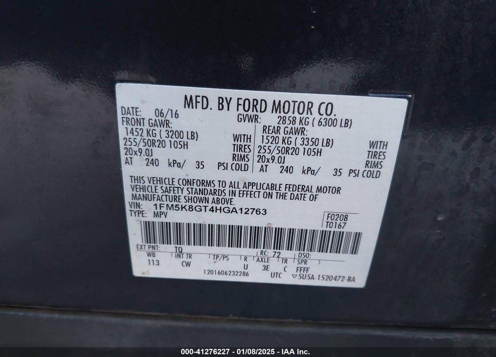 2017 FORD EXPLORER SPORT VIN: 1FM5K8GT4HGA12763
