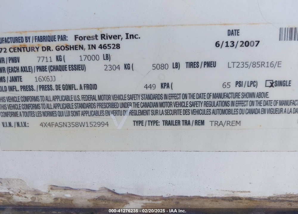2008 5TH WHEEL XLR 37X12 VIN: 4X4FASN358W152994