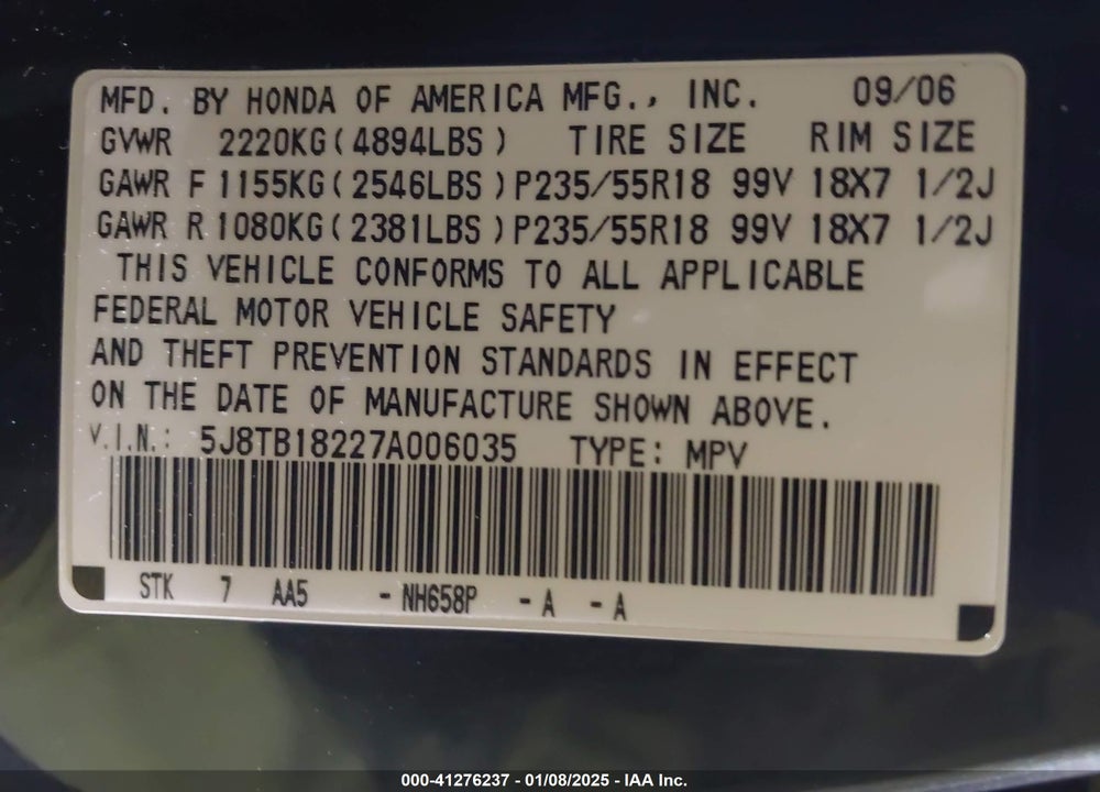 2007 ACURA RDX VIN: 5J8TB18227A006035