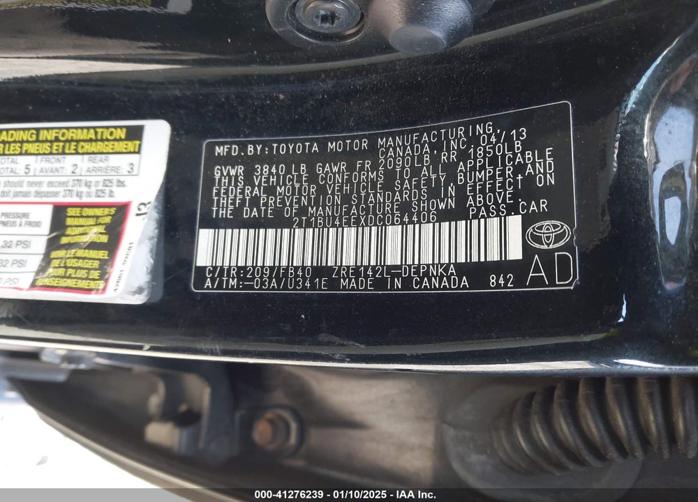 2013 TOYOTA COROLLA LE VIN: 2T1BU4EEXDC064406