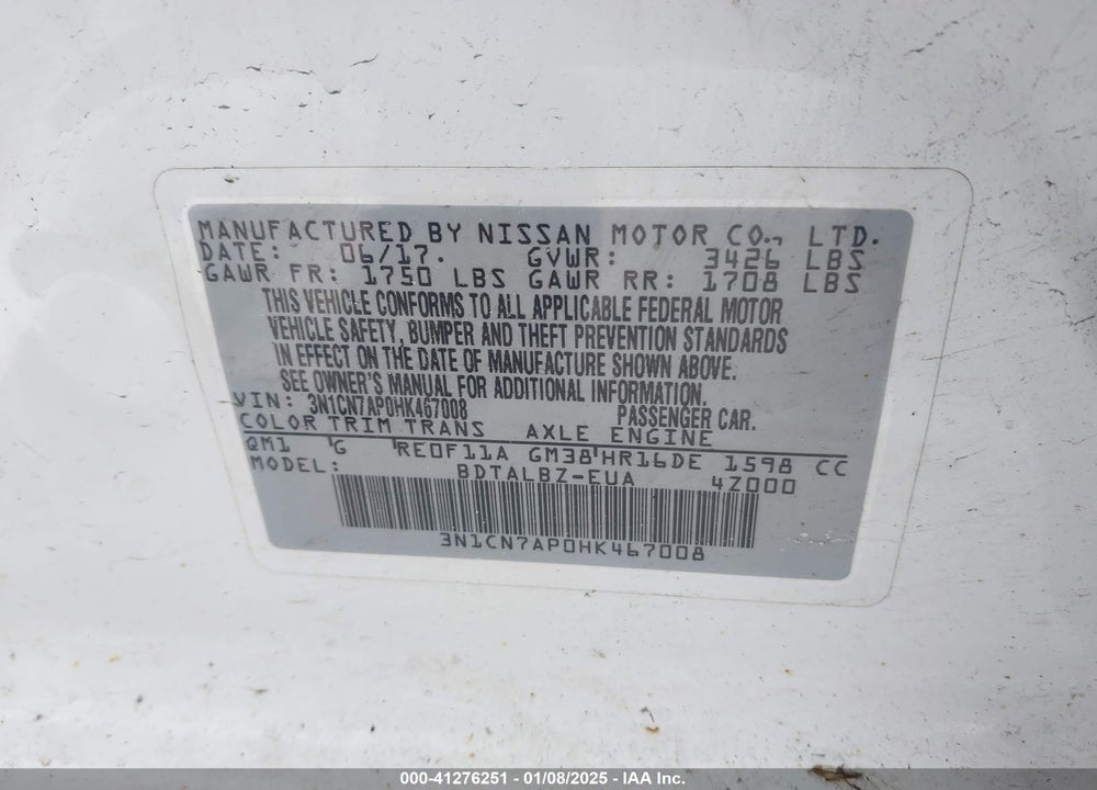 2017 NISSAN VERSA 1.6 SV VIN: 3N1CN7AP0HK467008