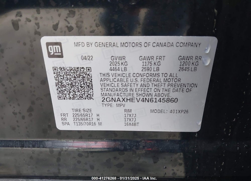 2022 CHEVROLET EQUINOX FWD LS VIN: 2GNAXHEV4N6145860