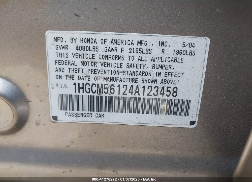 2004 HONDA ACCORD 2.4 DX VIN: 1HGCM56124A123458