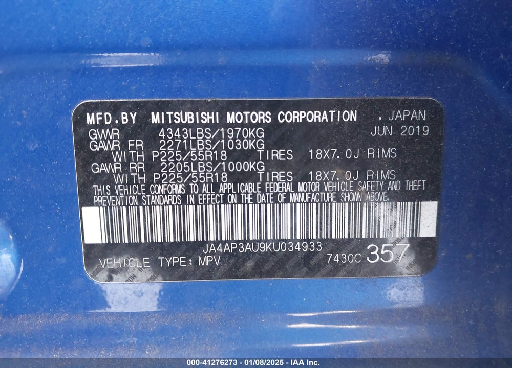 2019 MITSUBISHI OUTLANDER SPORT 2.0 ES VIN: JA4AP3AU9KU034933