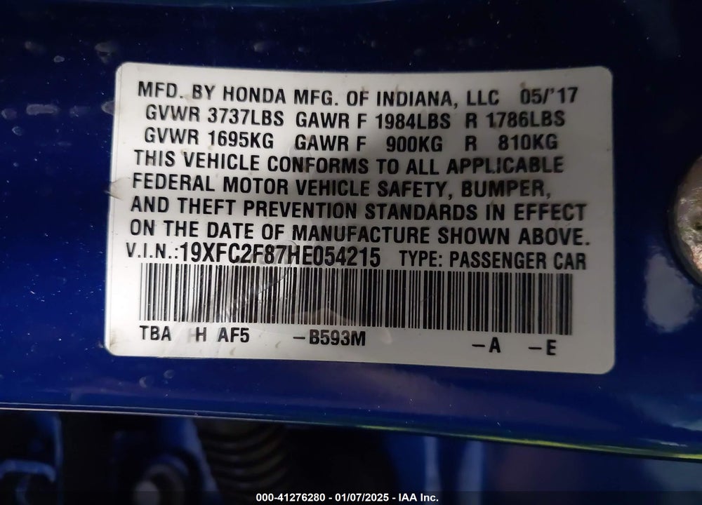 2017 HONDA CIVIC VIN: 19XFC2F87HE054215