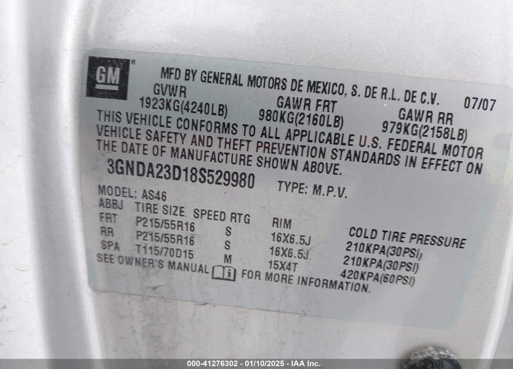 2008 CHEVROLET HHR VIN: 3GNDA23D18S529980