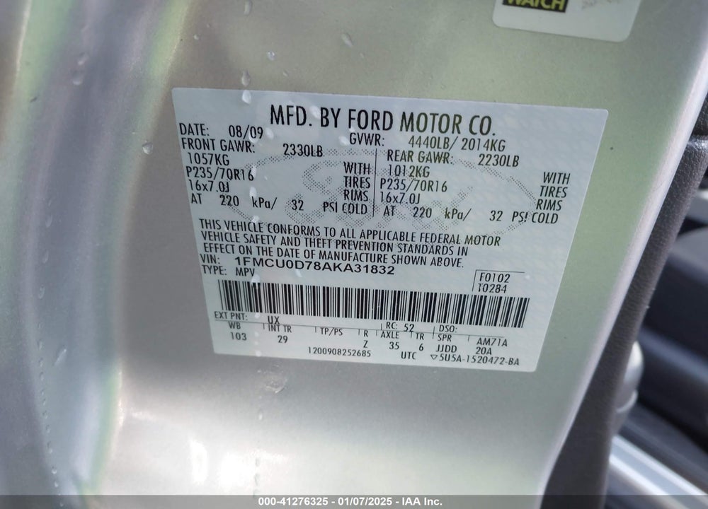 2010 FORD ESCAPE XLT VIN: 1FMCU0D78AKA31832
