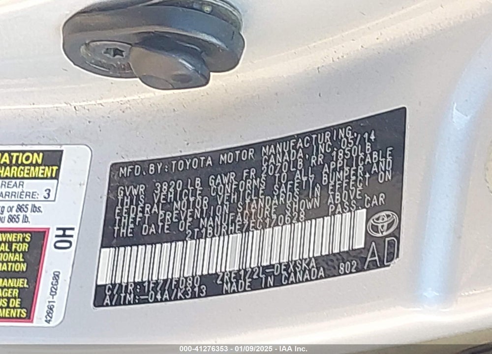 2014 TOYOTA COROLLA VIN: 2T1BURHE7EC170628