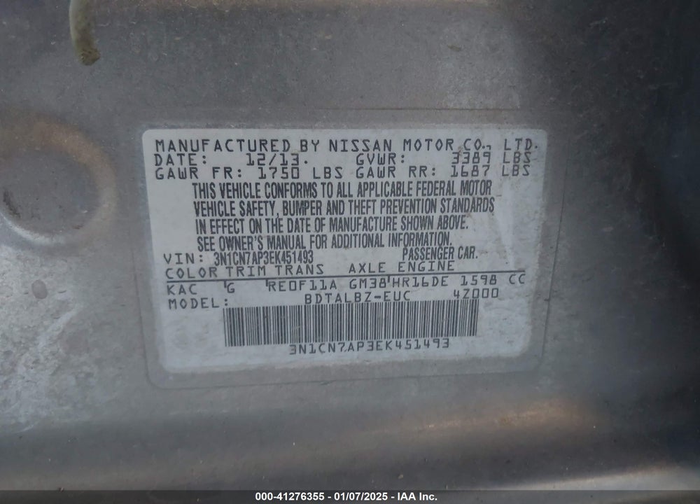 2014 NISSAN VERSA 1.6 SV VIN: 3N1CN7AP3EK451493