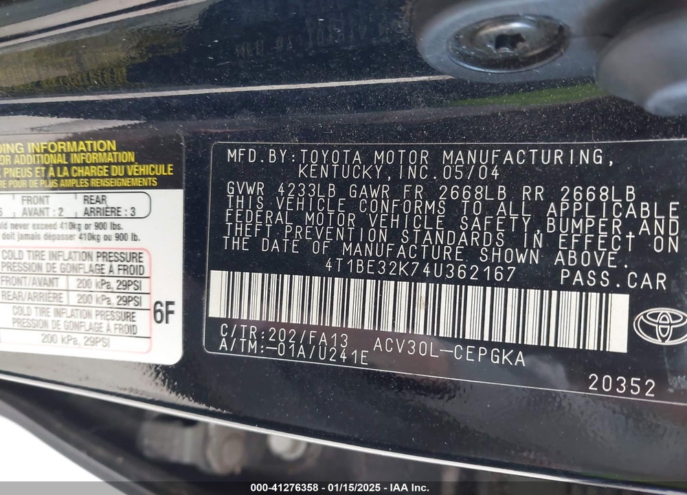 2004 TOYOTA CAMRY XLE VIN: 4T1BE32K74U362167