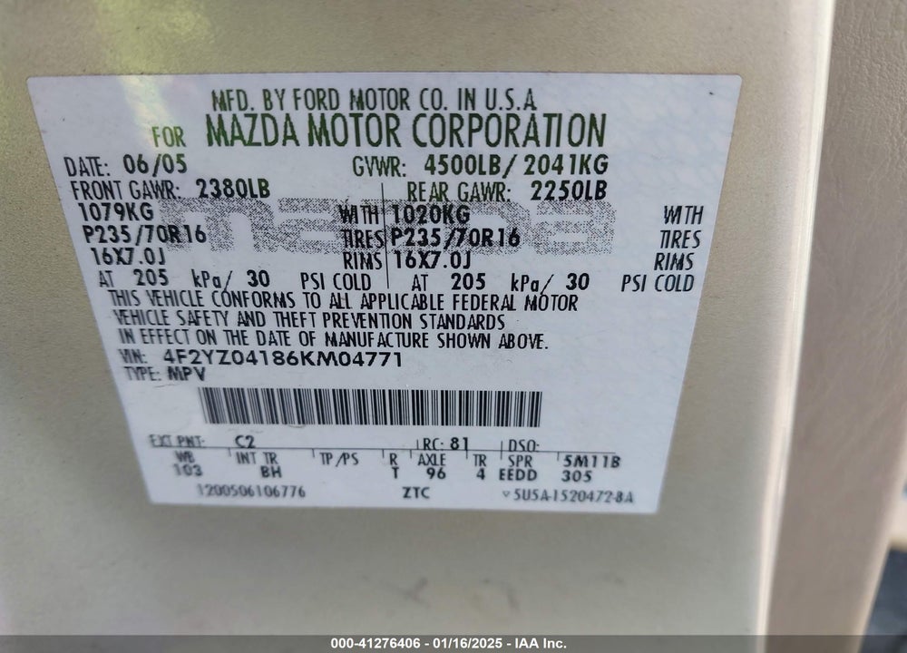 2006 MAZDA TRIBUTE S VIN: 4F2YZ04186KM04771