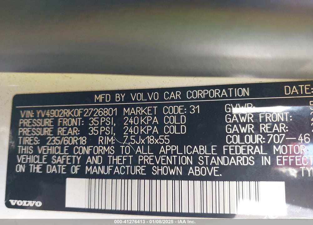 2015 VOLVO XC60 T6 VIN: YV4902RK0F2726801