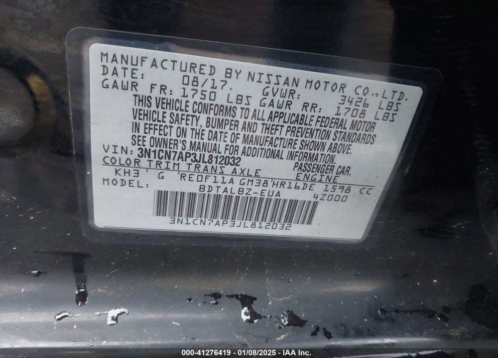 2018 NISSAN VERSA 1.6 SV VIN: 3N1CN7AP3JL812032