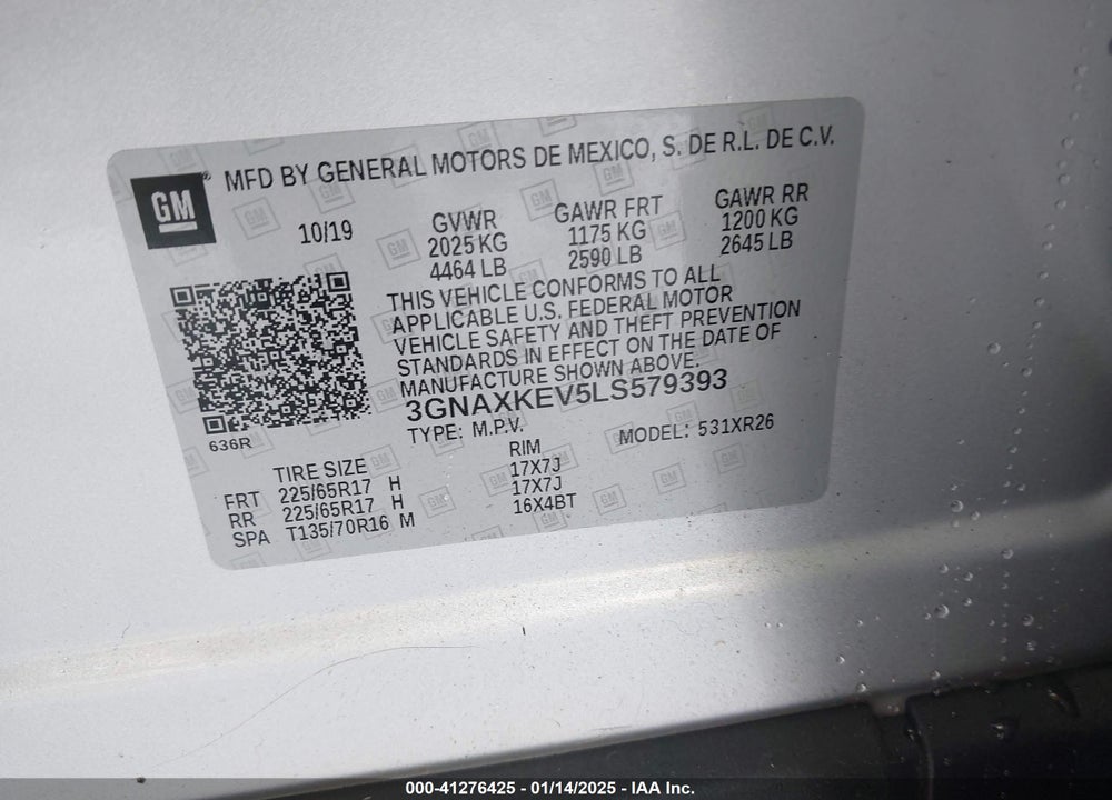 2020 CHEVROLET EQUINOX FWD LT 1.5L TURBO VIN: 3GNAXKEV5LS579393