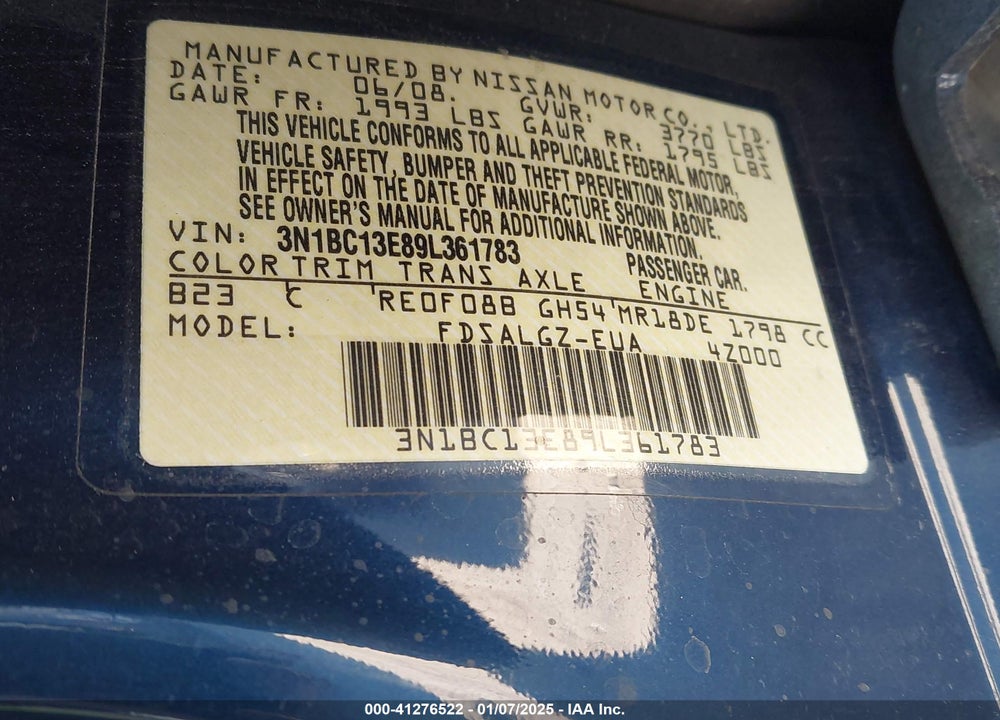 2009 NISSAN VERSA 1.8SL VIN: 3N1BC13E89L361783