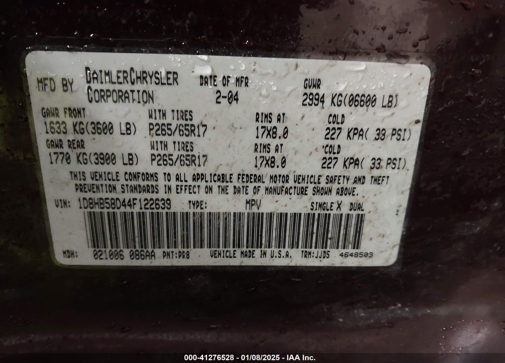 2004 DODGE DURANGO LIMITED VIN: 1D8HB58D44F122639