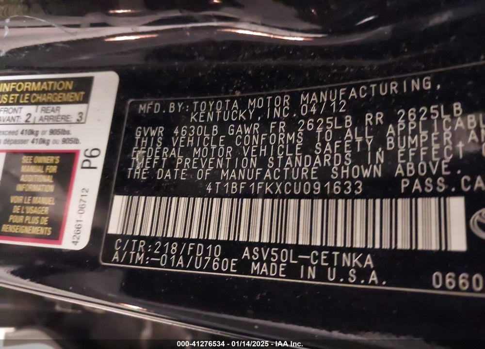2012 TOYOTA CAMRY LE VIN: 4T1BF1FKXCU091633