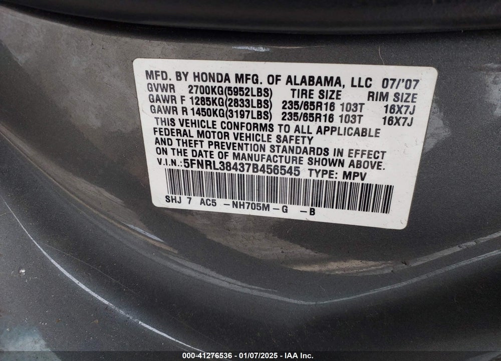2007 HONDA ODYSSEY EX VIN: 5FNRL38437B456545